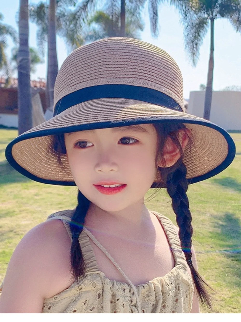 Kids Straw Sun Hat with Navy Trim - Child Beach Hat